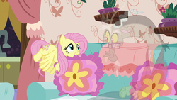 Size: 1280x720 | Tagged: safe, screencap, discord, fluttershy, pegasus, pony, discordant harmony, g4, duo, fading, flying, mouth hold, pillow, transparent