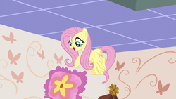 Size: 1280x720 | Tagged: safe, screencap, fluttershy, pegasus, pony, discordant harmony, g4, female, flying, mare, pillow, solo