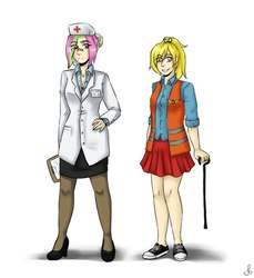 Size: 1100x1200 | Tagged: safe, artist:serodart, oc, oc only, oc:mollydv, oc:tatra, human, bandaid, bandaid on nose, clipboard, clothes, converse, doctor, duo, female, hand on hip, high heels, humanized, humanized oc, pantograph, pantyhose, pleated skirt, ponytail, shirt, shoes, simple background, skirt, sneakers, white background