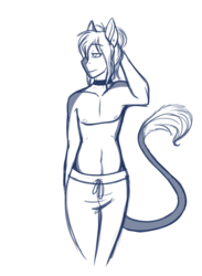 Size: 1397x1908 | Tagged: safe, artist:blackblood-queen, oc, oc only, oc:daniel dasher, dracony, hybrid, anthro, anthro oc, choker, clothes, ear piercing, leonine tail, male, monochrome, nipples, nudity, partial nudity, piercing, pudgy, simple background, sketch, solo, stallion, topless, white background