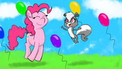 Size: 1280x720 | Tagged: safe, artist:tomazii7, pinkie pie, earth pony, pony, skunk, g4, animal, balloon, crossover, female, littlest pet shop, pepper clark, smiling