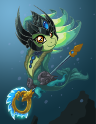 Size: 1275x1650 | Tagged: safe, artist:latecustomer, merpony, sea pony, bubble, commission, league of legends, nami (league of legends), seaponified, solo, species swap, staff, underwater