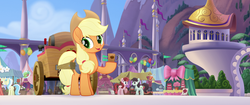 Size: 1920x804 | Tagged: safe, screencap, applejack, sushi hooves, toadstool blossom, earth pony, pony, g4, my little pony: the movie, background pony, butt, canterlot, cart, cider, cup, cute, female, friendship festival, hoof hold, male, mare, market, mug, plot, solo focus, stallion, tankard, unnamed character, unnamed pony