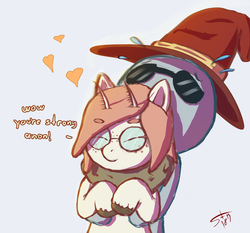 Size: 1000x933 | Tagged: safe, artist:starkdust, oc, oc:anon, oc:sweet vermeil, mothpony, original species, anonymous, chest fluff, duo, freckles, glasses, hat, heart, hug, simple background, sunglasses, unshorn fetlocks