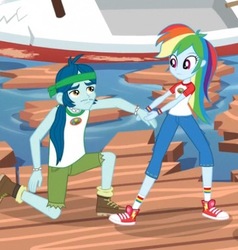 Size: 388x408 | Tagged: safe, screencap, captain planet, rainbow dash, equestria girls, g4, legend of everfree, boat, camp everfree outfits, converse, cropped, cute, dashabetes, pier, shoes, sneakers