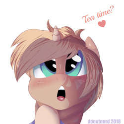 Size: 2286x2286 | Tagged: safe, artist:donutnerd, oc, oc only, oc:chai, pony, blue eyes, blushing, brown, clothes, excited, female, food, high res, looking up, mare, markings, offscreen character, perspective, pov, shirt, solo, tea, tea time, time