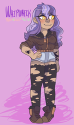 Size: 1137x1920 | Tagged: safe, artist:peachhzilla, oc, oc only, oc:whipwreck, human, fallout equestria, blushing, boots, clothes, fallout, female, humanized, humanized oc, purple background, shoes, shorts, simple background, solo, tattoo, torn clothes