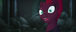 Size: 1920x804 | Tagged: safe, screencap, fizzlepop berrytwist, tempest shadow, pony, g4, my little pony: the movie, broken horn, eye scar, female, horn, le gasp, open mouth, realization, rubble, scar, solo, wide eyes
