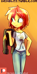 Size: 407x823 | Tagged: safe, artist:manic-the-lad, sunset shimmer, human, equestria girls, g4, a dash of everything, alternate hairstyle, clothes, female, jacket, jewelry, necklace, shirt, short hair, simple background, solo, t-shirt