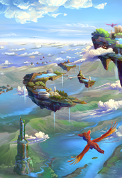 Size: 4428x6444 | Tagged: safe, artist:viwrastupr, oc, oc only, pegasus, pony, absurd resolution, cloud, floating island, flying, lake, scenery, scenery porn, waterfall