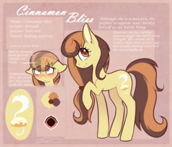 Size: 1214x1038 | Tagged: safe, artist:doekitty, oc, oc only, oc:cinnamon bliss, pony, unicorn, blushing, brown mane, cutie mark, female, horn, looking at you, mare, red eyes, reference sheet, small horn, smiling, solo, yellow coat