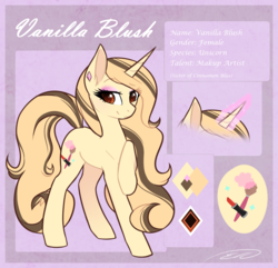 Size: 1062x1025 | Tagged: safe, artist:doekitty, oc, oc only, oc:vanilla blush, pony, unicorn, brown eyes, brown mane, cutie mark, female, looking at you, makeup, mare, pale coat, reference sheet, smiling, solo, yellow coat, yellow mane