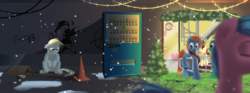 Size: 2400x889 | Tagged: source needed, safe, artist:paulrus-keaton, artist:php69, derpy hooves, g4, box, christmas, context in comments, holiday, homeless, sad, snow, song reference, television, underp