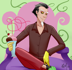 Size: 1200x1159 | Tagged: safe, artist:emberfan11, discord, human, g4, chair, clothes, crazy straw, food, handsome, humanized, ice cream, ice cream soda, looking at you, male, sitting, smiling, smiling at you, smirk, solo, stupid sexy discord