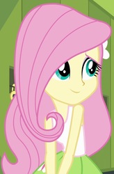 Size: 605x923 | Tagged: safe, edit, screencap, fluttershy, equestria girls, g4, clothes, cute, female, looking back, shyabetes, smiling, solo, tank top