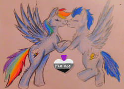 Size: 3457x2473 | Tagged: safe, artist:miss-ace712, rainbow dash, soarin', pony, g4, female, high res, kissing, male, old cutie mark, ship:soarindash, shipping, straight, traditional art, watermark
