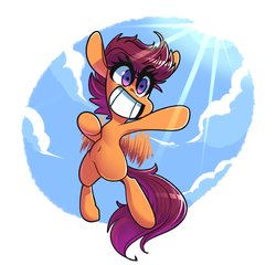 Size: 2557x2458 | Tagged: safe, artist:sourspot, scootaloo, pony, g4, belly button, female, flying, high res, raised hoof, scootaloo can fly, smiling, solo, triumphant, wide smile