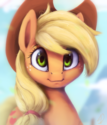 Size: 1200x1399 | Tagged: safe, artist:moondreamer16, applejack, earth pony, pony, g4, bust, cowboy hat, cute, female, hat, jackabetes, looking at you, mare, portrait, smiling, solo