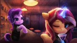 Size: 3840x2160 | Tagged: safe, artist:vanillaghosties, starlight glimmer, sunset shimmer, pony, unicorn, g4, alcohol, bar, bartender, clothes, female, glowing horn, high res, horn, levitation, magic, magic aura, mare, one eye closed, smiling, telekinesis, wine