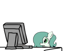 Size: 600x484 | Tagged: safe, artist:ficficponyfic, edit, oc, oc only, oc:emerald jewel, earth pony, pony, colt quest, child, colt, computer, desk, femboy, foal, hair over one eye, image macro, male, meme, nervous, solo, sweat, sweating profusely, trap