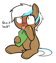 Size: 815x914 | Tagged: safe, artist:neuro, oc, oc:frosty hooves, blushing, disembodied hand, frog (hoof), hand, implied anon, simple background, sweat, text, tongue holding, transparent background, underhoof