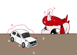 Size: 1780x1280 | Tagged: safe, artist:phat_guy, derpibooru exclusive, oc, oc only, oc:honda mare, pony, unicorn, car, curved horn, female, glowing horn, honda, honda civic, horn, looking at something, magic, mare, peeking, playing, ponified, ribbon, simple background, solo, telekinesis, toy car, transparent background
