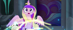 Size: 1920x804 | Tagged: safe, screencap, princess cadance, alicorn, pony, g4, my little pony: the movie, crown, female, floppy ears, jewelry, magic, mare, raised hoof, regalia, solo, spread wings, surprised, wings