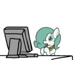 Size: 600x484 | Tagged: safe, artist:ficficponyfic, edit, oc, oc only, oc:emerald jewel, earth pony, pony, colt quest, amulet, child, color, colt, computer, concerned, desk, femboy, foal, hair over one eye, male, solo