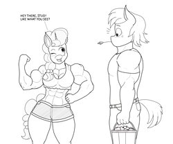 Size: 2014x1681 | Tagged: safe, artist:matchstickman, big macintosh, sugar belle, earth pony, unicorn, anthro, g4, abs, apple, biceps, booty shorts, breasts, bucket, busty sugar belle, clothes, deltoids, dialogue, duo, female, flexing, food, great macintosh, jeans, male, mare, midriff, monochrome, muscles, muscular female, muscular male, one eye closed, pants, ship:sugarmac, shipping, shirt, shocked, short jeans, simple background, stallion, straight, straw in mouth, stud, sugar barbell, white background, wink