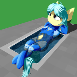 Size: 1656x1656 | Tagged: dead source, safe, artist:styroponyworks, oc, oc only, oc:ultramare, earth pony, pony, clothes, crossed hooves, female, giant pony, hooves behind head, incomplete, macro, relaxing, solo, swimming pool, underhoof