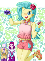 Size: 742x1000 | Tagged: safe, artist:uotapo, princess celestia, princess skystar, principal celestia, queen novo, shelldon, shelly, equestria girls, my little pony: the movie, anime, armpits, belly button, breasts, clam, clothes, cute, delicious flat chest, equestria girls-ified, evening gloves, eyes closed, feet, female, freckles, gloves, long gloves, one eye closed, open mouth, pants, sandals, shirt, shoes, short, skyabetes, uotapo is trying to murder us, wink