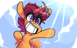 Size: 1951x1222 | Tagged: safe, artist:sourspot, scootaloo, pegasus, pony, g4, female, filly, flying, sky, smiling, solo, wallpaper