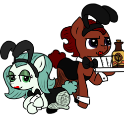 Size: 640x600 | Tagged: safe, artist:ficficponyfic, artist:methidman, edit, editor:methidman, oc, oc only, oc:emerald jewel, oc:ruby rouge, pony, colt quest, bottle, bowtie, bunny ears, bunny suit, bunny tail, clothes, color, colored, cork, crossdressing, cufflinks, cuffs (clothes), eyeshadow, female, femboy, fishnet stockings, girly, hooker, implied foalcon, lipstick, makeup, male, prostitute, serving tray, smiling, trap, waiter, waitress