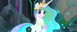 Size: 1920x804 | Tagged: safe, screencap, princess celestia, alicorn, pony, g4, my little pony: the movie, crown, cute, cutelestia, female, happy, jewelry, magic, mare, regalia, smiling, solo