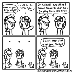 Size: 600x600 | Tagged: safe, artist:ijustloveit619, applejack, gummy, twilight sparkle, g4, black and white, comic, grayscale, monochrome