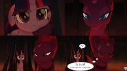 Size: 1280x720 | Tagged: safe, edit, edited screencap, screencap, grubber, tempest shadow, twilight sparkle, alicorn, pony, unicorn, g4, my little pony: the movie, blushing, comic, crush, cute, female, grammar error, lesbian, screencap comic, ship:tempestlight, shipping, speech bubble, twilight sparkle (alicorn)