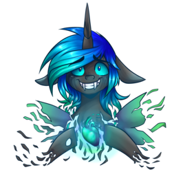 Size: 2000x2000 | Tagged: safe, artist:teeeluh, oc, oc only, oc:kryostasis, changeling, blue changeling, crying, heart, high res, horn, looking at you, magic, simple background, smiling, solo, transparent background, wings