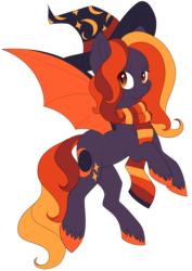 Size: 1936x2736 | Tagged: safe, artist:beashay, oc, oc only, oc:harvest moon, bat pony, pony, bat pony oc, clothes, female, hat, mare, purple coat, rearing, scarf, simple background, solo, transparent background, witch hat