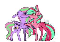 Size: 1236x861 | Tagged: safe, artist:sweetmelon556, oc, oc only, oc:melon seed, oc:sweet melon, earth pony, pegasus, pony, female, kissing, mare, simple background, transparent background