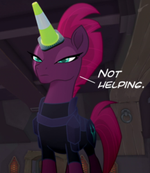 Size: 640x740 | Tagged: safe, artist:marmelmm, edit, edited screencap, screencap, tempest shadow, g4, my little pony: the movie, comedy, horn, shooped, tempest gets her horn back, traffic cone, traffic cone unicorn