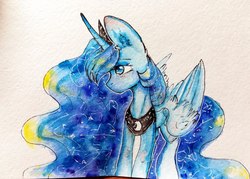 Size: 2560x1832 | Tagged: safe, artist:zefirka, princess luna, alicorn, pony, g4, female, mare, profile, simple background, solo, traditional art, watercolor painting, white background, wings