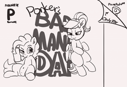 Size: 1280x877 | Tagged: safe, artist:pabbley, pinkie pie, rainbow dash, earth pony, pegasus, pony, g4, belly button, bipedal, bipedal leaning, conker's bad fur day, duo, female, leaning, mare, monochrome, nintendo 64, ponified, pubic mound