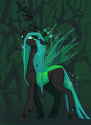 Size: 800x1100 | Tagged: safe, artist:tuonipuu, queen chrysalis, changeling, changeling queen, g4, fangs, female, looking at you, profile, smiling, solo, spread wings, wings