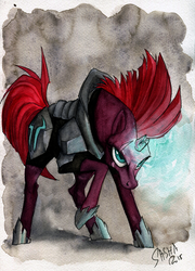 Size: 2455x3403 | Tagged: safe, artist:korppipoika, artist:susikukka, tempest shadow, pony, unicorn, g4, my little pony: the movie, armor, broken horn, eye scar, female, glowing horn, high res, horn, mare, raised hoof, scar, solo, traditional art, watercolor painting