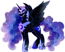 Size: 1241x993 | Tagged: safe, artist:blueberry-ghost, nightmare moon, alicorn, pony, g4, fangs, female, jewelry, mare, regalia, simple background, solo, spread wings, white background, wings