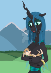 Size: 1024x1458 | Tagged: safe, artist:jokokenguru, queen chrysalis, oc, changeling, changeling queen, kangaroo, semi-anthro, g4, child, cute, cutealis, deviantart watermark, digital art, duo, eye contact, family, female, looking at each other, male, mommy chrissy, mother and child, non-pony oc, obtrusive watermark, ocbetes, watermark, wings