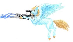 Size: 1280x744 | Tagged: safe, oc, oc:ever way, pegasus, pony, fallout equestria, fallout equestria: vivat littlepip, blue fur, fanfic, fanfic art, gun, horn, mutant, pegasus oc, simple background, weapon, white background