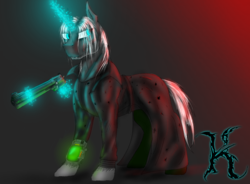 Size: 1147x846 | Tagged: safe, artist:keterglord, oc, oc:keter cyan, pony, unicorn, fallout equestria, fallout equestria: vivat littlepip, cloak, cloth, clothes, fanfic, fanfic art, gun, horn, levitation, magic, pipbuck, telekinesis, unicorn oc, weapon