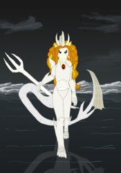 Size: 1333x1901 | Tagged: safe, artist:featherbook, adagio dazzle, siren, fanfic:friendship souls, equestria girls, g4, armor, bleach (manga), crossover, fanfic, fanfic art, female, looking at you, solo, tail, trident, walking on water