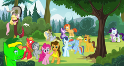 Size: 1018x542 | Tagged: safe, artist:didgereethebrony, applejack, big macintosh, caramel, cheese sandwich, derpy hooves, discord, doctor whooves, fluttershy, marble pie, pinkie pie, rainbow dash, rarity, soarin', spike, starlight glimmer, sunburst, time turner, oc, oc:didgeree, pony, g4, crying, female, forest, hearts and hooves day, holiday, male, sad, ship:carajack, ship:cheesepie, ship:discoshy, ship:doctorderpy, ship:marblemac, ship:soarindash, ship:sparity, shipping, straight, tree, valentine's day